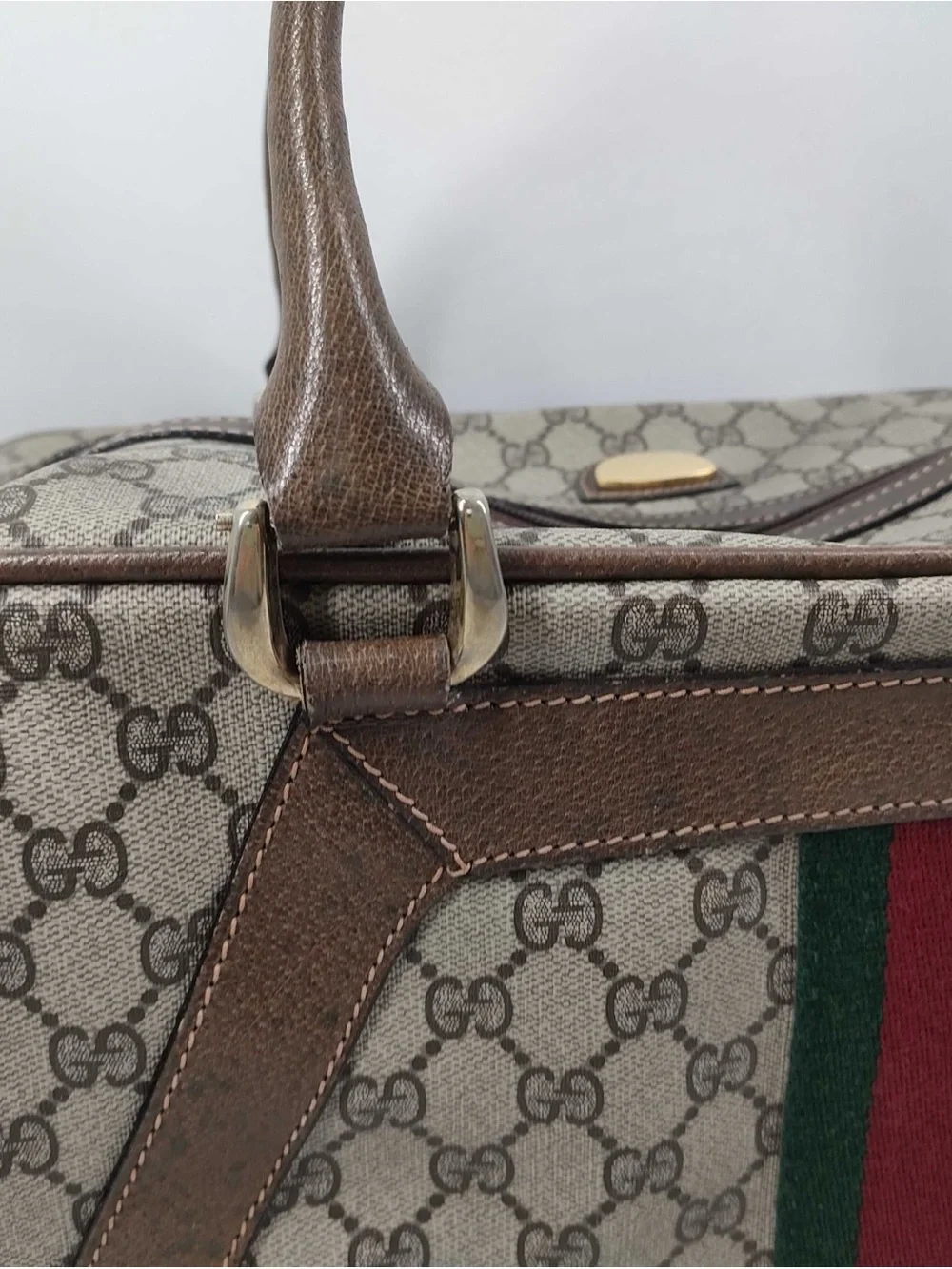 1990’s Duffle Boston 36 Beige-Brown Monogram Canvas Satchel Green-Red Web bag